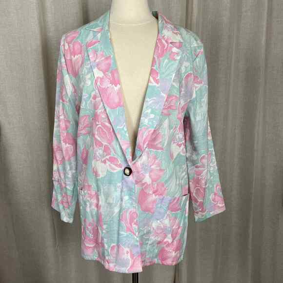 Vintage Blazer Womens Size Small Floral Pink Blue Pastel Spring Boyfriend 90s - Picture 1 of 13